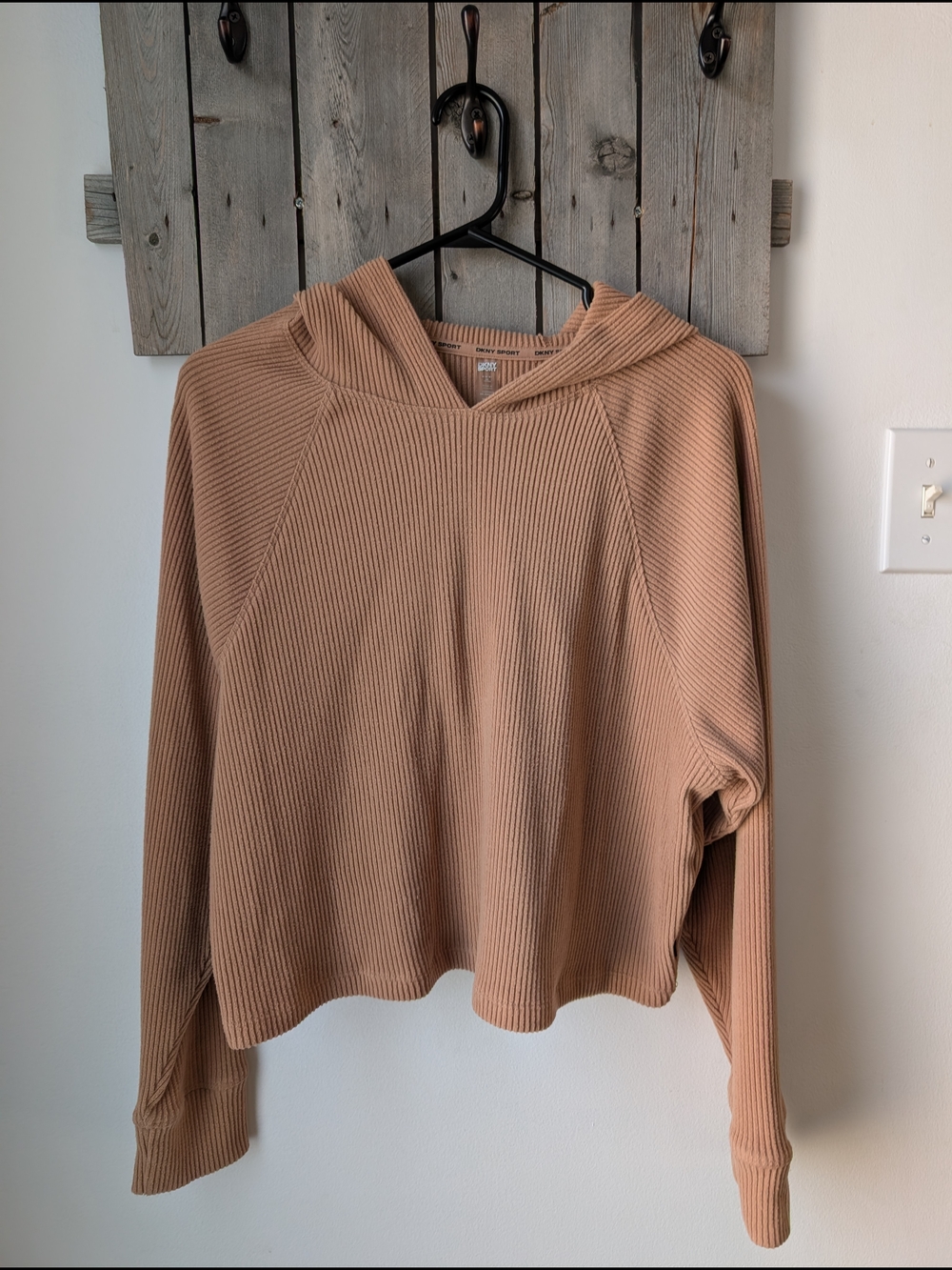 DKNY Sport Ribbed Hooded Pullover in Camel